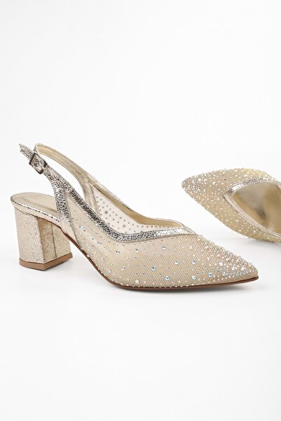 Shoeberry Γυναικεία παπούτσια Stan Gold Glitter με χοντρό τακούνι