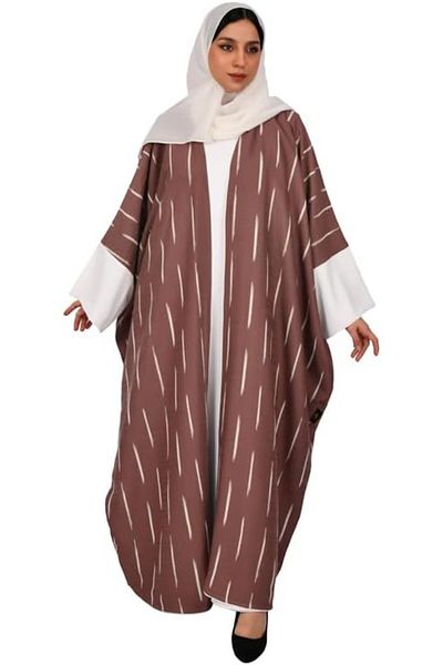 HAWRAA Abaya Bisht with Wide Sleeves in Brown with White Stripes and White Dress