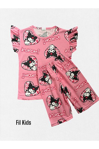 Fil Kids Girl's Cotton Pink Color Kuromi Heart Pattern Short Sleeve Ruffle Shorts Summer Pajama Suit
