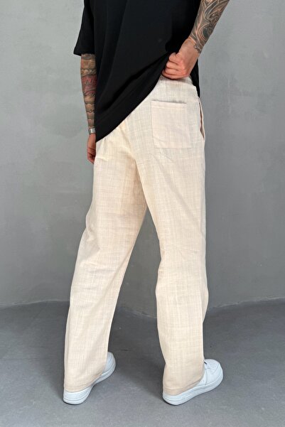 MADZEYMODA Ανδρικό λινό παντελόνι σε μπεζ φαρδύ χρώμα KE-7014