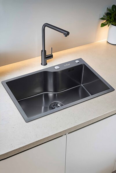 DYSNOX Yuna Serisi %100 Krom Siyah 68x45 Paslanmaz Mutfak Eviyesi, Mutfak Lav...