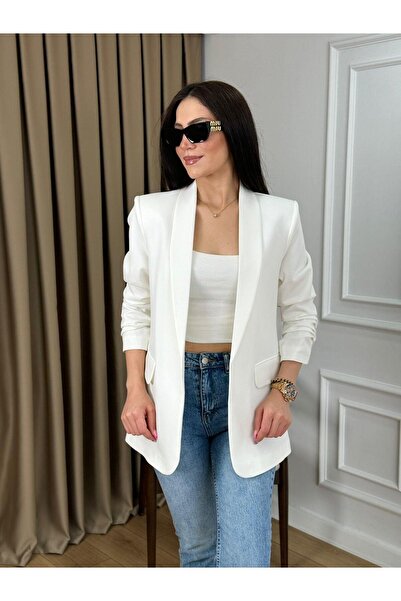 WOMKA Kadın Kol Uçları Büzgülü Kapamasız Blazer Ceket