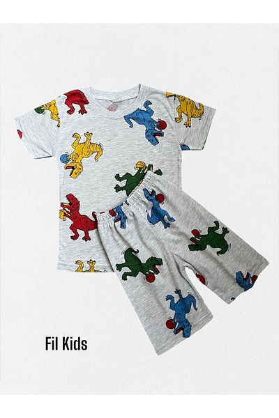 Fil Kids Αγόρια, βαμβακερή γκρι μπάσκετ με μοτίβο δεινοσαύρων, κοντομάνικο σορτς καλοκαιρινό κοστούμι πιτζάμα