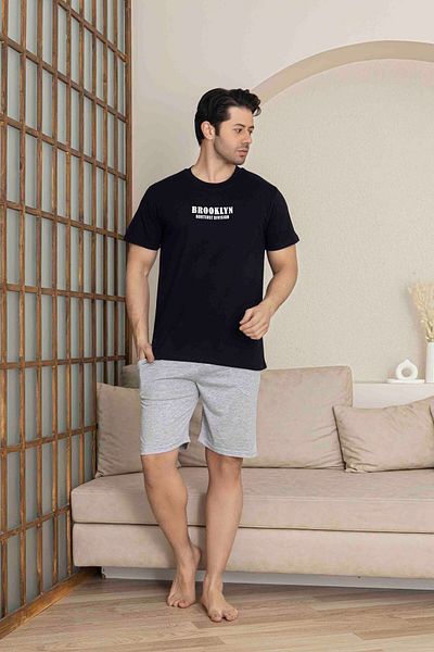 Tarık Men's Navy Blue Short Sleeve Shorts Combed Cotton Pajama Set