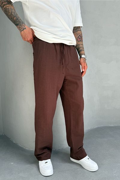MADZEYMODA Мъжки ленени панталони с кафяви шарки KE-7014