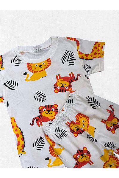 Fil Kids Costum de pijama de vară pentru băiat, din bumbac, de culoare albă, cu mânecă scurtă, cu model de leu