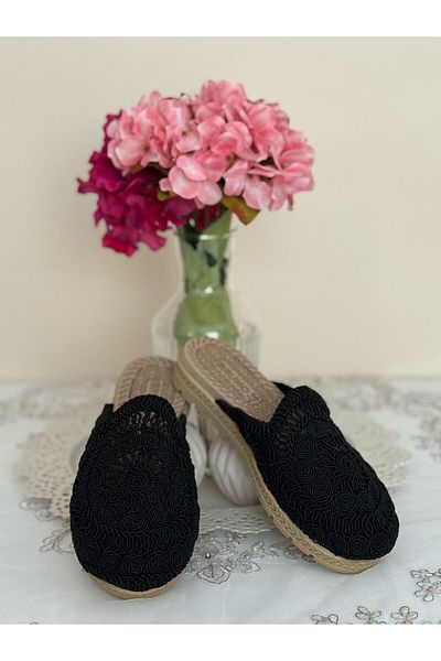 FivemodaSpor Women's Straw Slippers Closed Front Open Mesh Lace Knitwear Embroidery Detailed Stylish Summer Home Beach Vacation Slippers