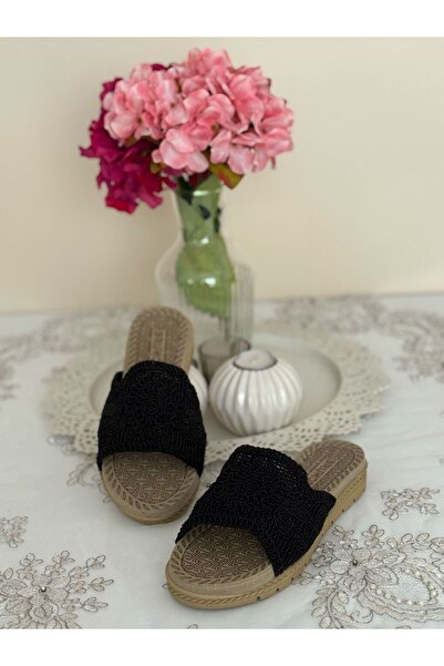 FivemodaSpor Papuci de damă din paie, închis în față, tricotat în aer liber, tricotaje din dantelă, cu detalii de broderie, papuci de vară, acasă, pentru vacanță, pe plajă