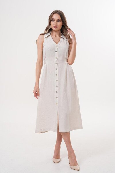 Flame İstanbul Butik Buttoned Long Linen Stone Dress - Mck5022