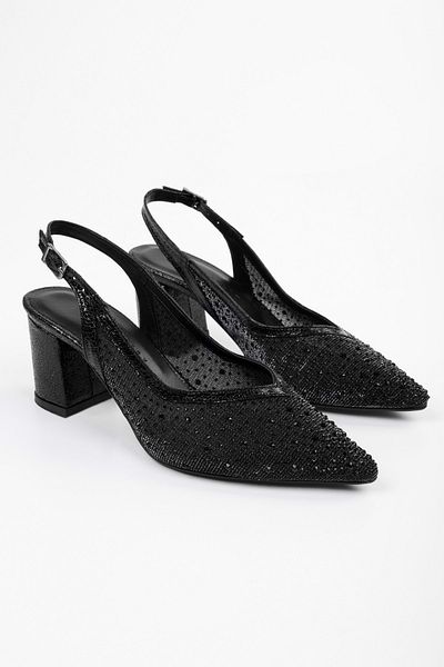 Shoeberry Women's Stan Black Glitter Thick Heeled Shoes