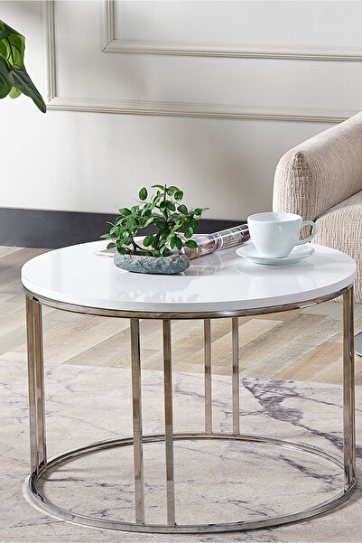 SEDAŞ LIVING UNITS Salon Orta Sehpa BEYAZ SUNTALAM (Gümüş) Metal Ayak Orta Sehpa