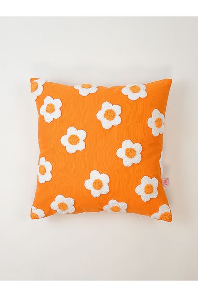 Galia Tasarım Daisy - Flower Patterned Punch Pillow Cover - Orange