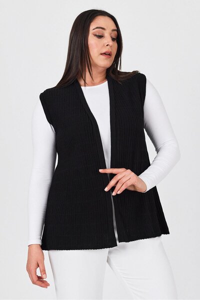 Uludağ Triko Women's Black Corded Embroidered V-Neck Seasonal Knitwear Mother Summer Vest