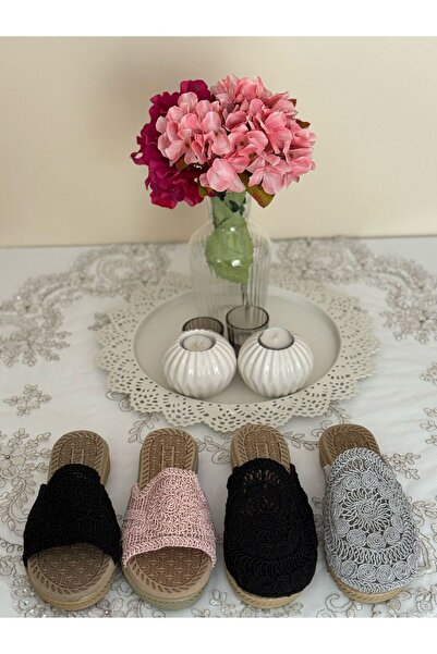 FivemodaSpor Papuci de damă din paie, închis în față, tricotat în aer liber, tricotaje din dantelă, cu detalii de broderie, papuci de vară, acasă, pentru vacanță, pe plajă