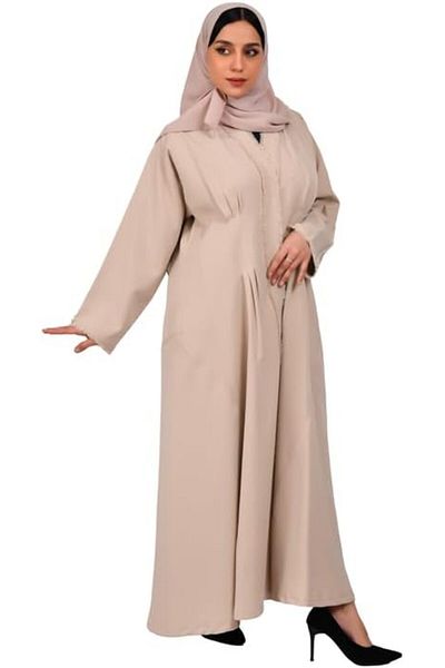 HAWRAA Beige Wrap Abaya with Tassels and Pleats
