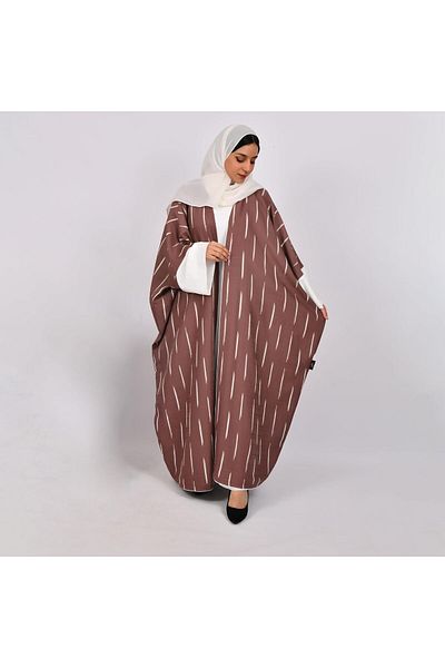 HAWRAA Abaya Bisht with Wide Sleeves in Brown with White Stripes and White Dress