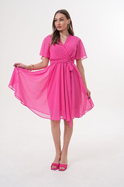 Flame İstanbul Butik فستان وردي متوسط ​​الطول بأكمام دولاب الموازنة مزدوج الص...