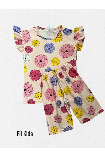 Fil Kids Girl's Cotton Puppy Mouth Color Flowers Patterned Short Sleeve Ruffle Shorts Summer Pajama Suit
