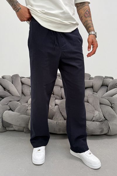 MADZEYMODA Ανδρικό λινό παντελόνι Navy Blue Baggy Fit KE-7014