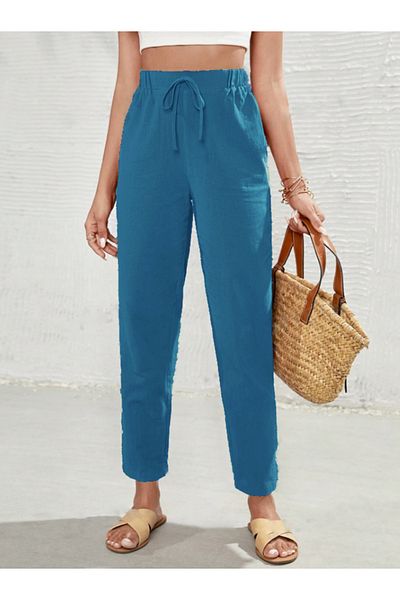 night blue French Summer Trousers with High Waist Pockets-Açikndi̇go