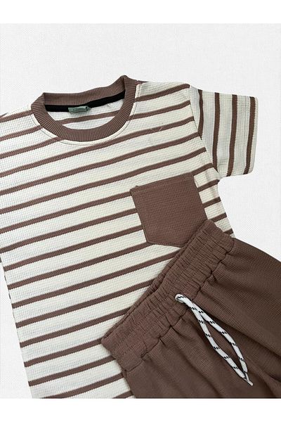 Fil Kids Boy's 100% Cotton White Brown Striped Pocket Waffle Fabric Short Sleeve Shorts Summer Suit