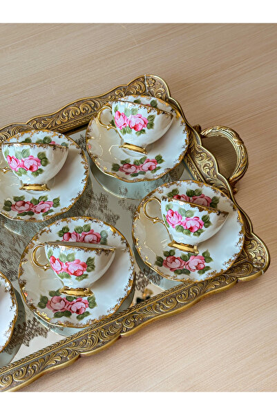 Lusso Gardenya 1 Adet Kahve Fincanı Ve Altlığı Çiçek Desen El Boyaması