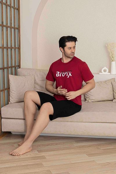 Tarık Men's Burgundy Short Sleeve Shorts Combed Cotton Pajama Set