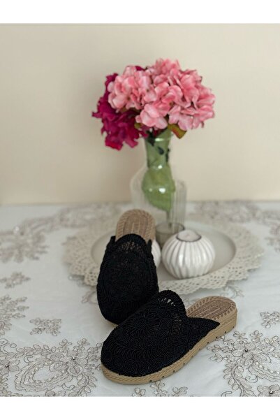 FivemodaSpor Papuci de damă din paie, închis în față, tricotat în aer liber, tricotaje din dantelă, cu detalii de broderie, papuci de vară, acasă, pentru vacanță, pe plajă