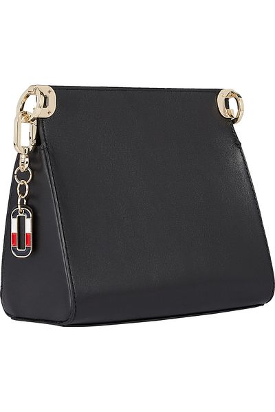 Tommy Hilfiger Women Black Luxe Leather Flap Crossbody Satchel Bag