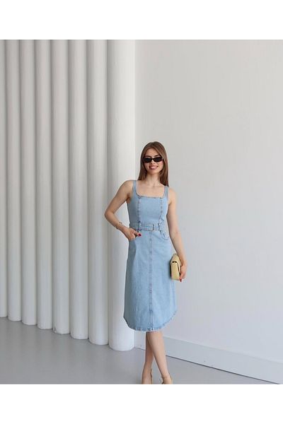 Ekim Store Rochie de blugi fără mâneci cu centură albastră