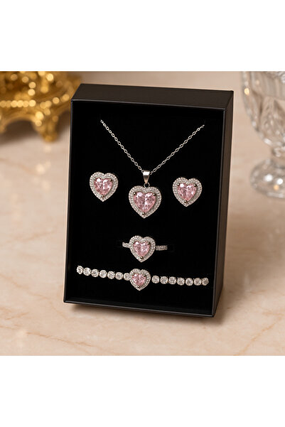Home طقم مجوهرات بتصميم قلب وردي أنيق - ستانلس ستيل - طقم مكون من أربع قلائد ...
