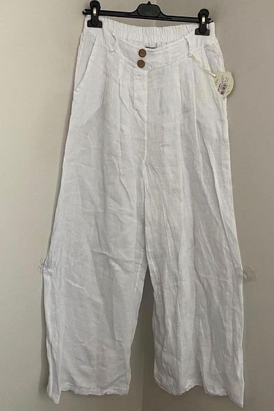 AYASOFYA OTANTIK Women's Italian White Plain Pattern Button Detailed Elastic Waist Pocket Wide Leg Linen Trousers