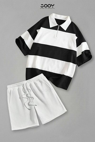 Jooy Set of 2 Striped Half Zipper T-Shirt White Shorts Set