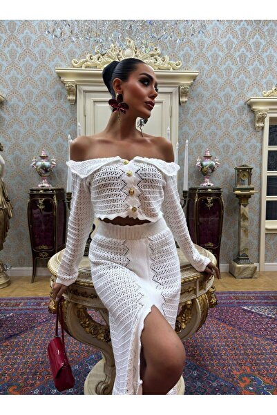 LOVE GO Madonna Collar Slit Skirt Stylish Knitwear Suit