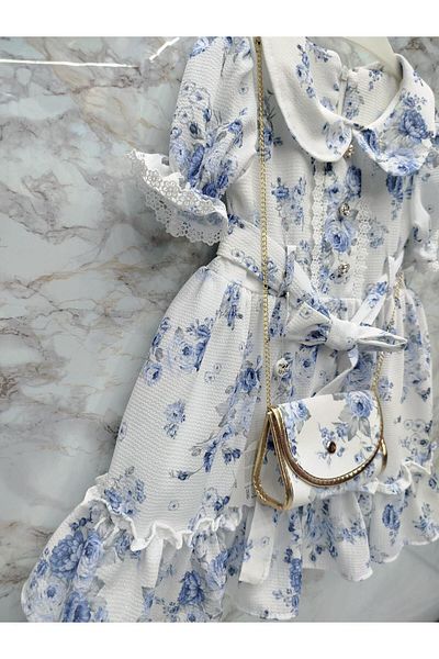 XORVİO Girl's Blue Flower Pattern Belted Buttoned Dress Short Sleeve Enese Zipper Doll Collar Chiffon Dress