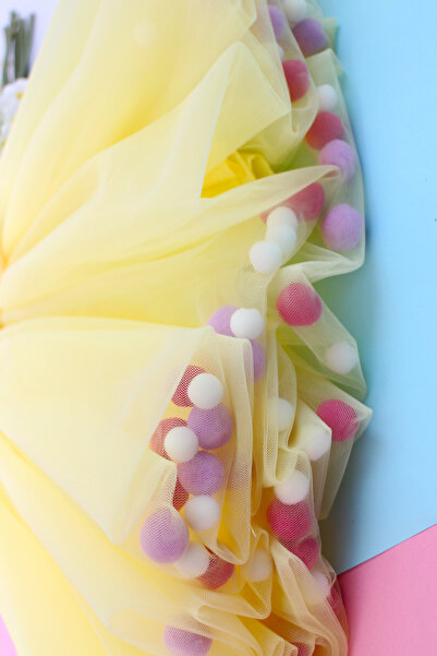 VİTRİNMİXMİNİ PONPONLU VE KURDELA DETAYLI SARI RENK KIZ ÇOCUK TÜTÜ ETEK-ASTARLI