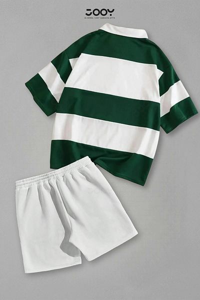 Jooy Set of 2 Striped Half Zipper T-Shirt White Shorts Set
