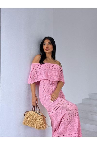Ekim Store Rose Degaje Collar Openwork Maxi Dress
