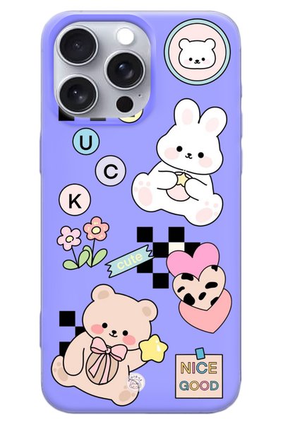 WANNA PROTECT iPhone 15 Pro Lila İçi Kadife Cute Tavşan Desenli Silikon Telef...