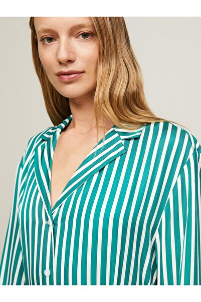 Tommy Hilfiger Women Green Stripe Twill Midi Shirt Dress