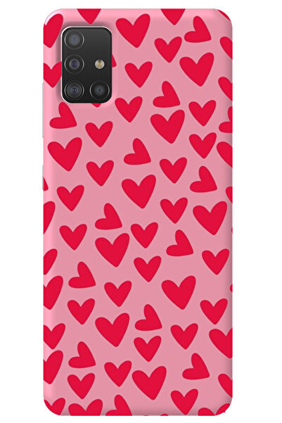 WANNA PROTECT Samsung M51 Pembe İçi Kadife Kalpler Desenli Silikon Telefon Kı...
