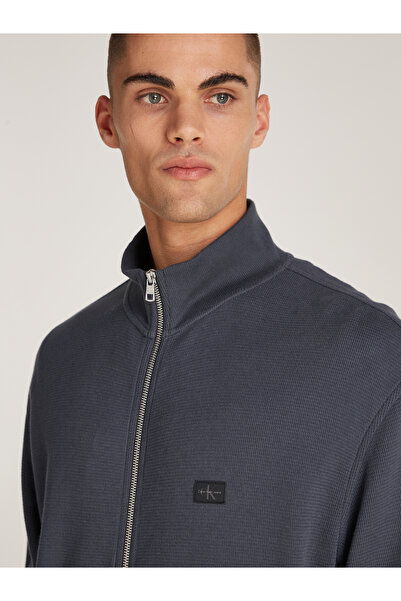 Calvin Klein Men Black Woven Label Waffle Zip Through Sweatshirt