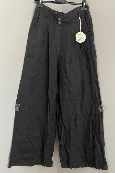 AYASOFYA OTANTIK Women's Italian Anthracite Plain Pattern Button Detailed Elastic Waist Pocket Wide Leg Linen Trousers