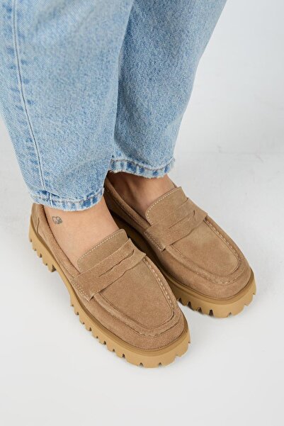 Manijero Cepmen Women's Genuine Leather Cornered Loafer Sand Suede Shoes