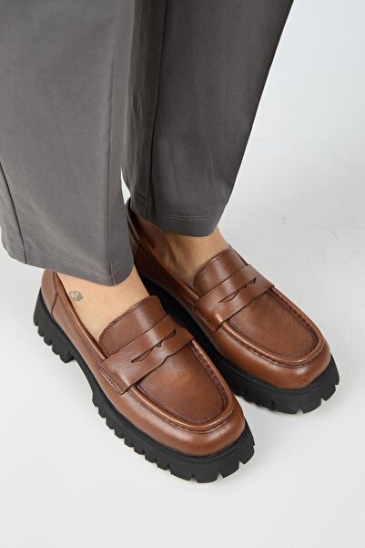 Manijero Cepmen Women's Leather Cornered Genuine Leather Loafer Tan Shoes