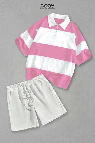 Jooy Set of 2 Striped Half Zipper T-Shirt White Shorts Set