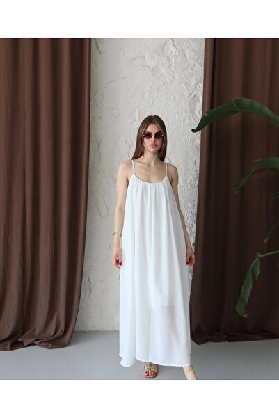 Ekim Store Keten Büzgülü Askılı Salaş Uzun Elbise