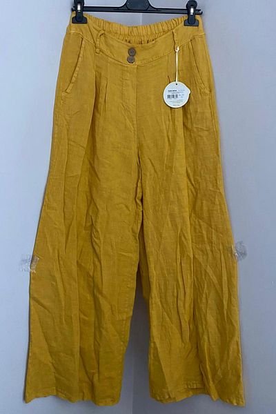 AYASOFYA OTANTIK Women's Italian Yellow Plain Pattern Button Detailed Elastic Waist Pocket Wide Leg Linen Trousers