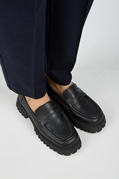 Manijero Cepmen Women's Leather Cornered Genuine Leather Loafer Black Shoes