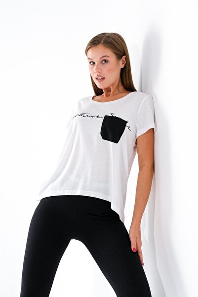 Signature Style 724100 _νέα σεζόν Γυναικεία στάμπα με ανοιχτή στρογγυλή λαιμόκοψη με τσέπη στο στήθος κοντομάνικο αθλητικό λευκό μπλουζάκι